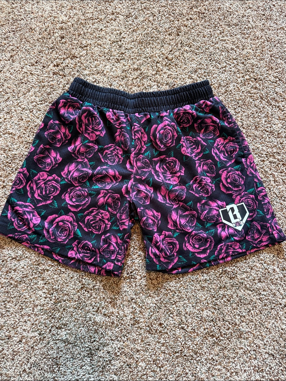 Baseball lifestyle 101 Black Athletic Shorts with Pink Rose Print